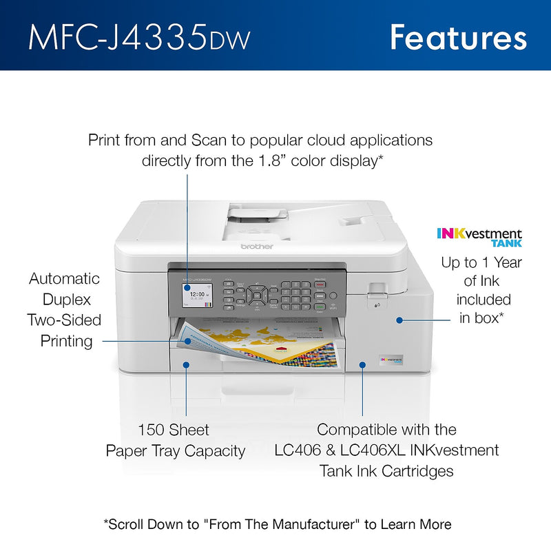 Brother INKvestment Tank MFC-J4335DW Wireless Color Inkjet Printer, All-In-One Supertank, Print, Scan, Copy, Fax