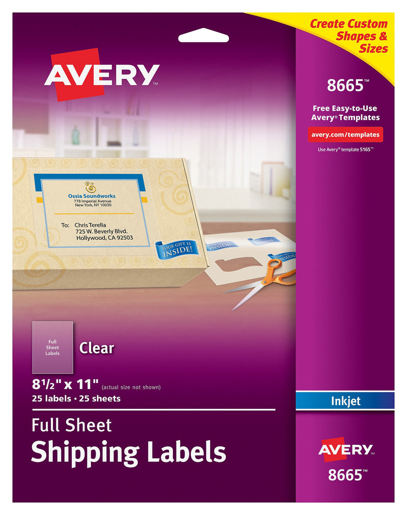 Avery Inkjet Shipping Labels, 8 1/2" x 11", Matte Clear, 25 Labels/Pack (8665)