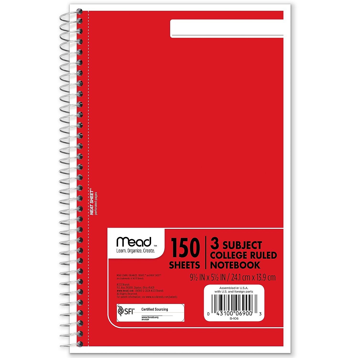 Mead Spiral 3-Subject Notebooks, 5.5" x 9.5", College Ruled, 150 Sheets, Assorted Colors (06900)