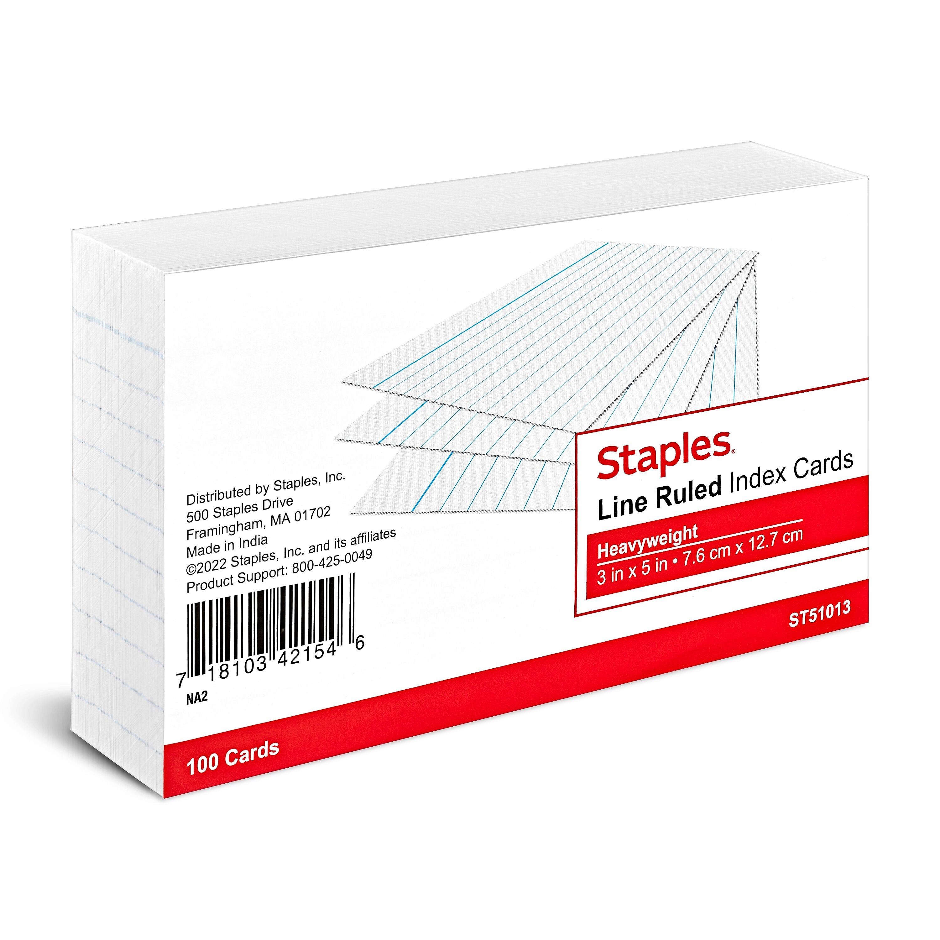 Staples Brand 3" x 5" Index Cards, Lined, White, 100/Pack (ST51013-CC)