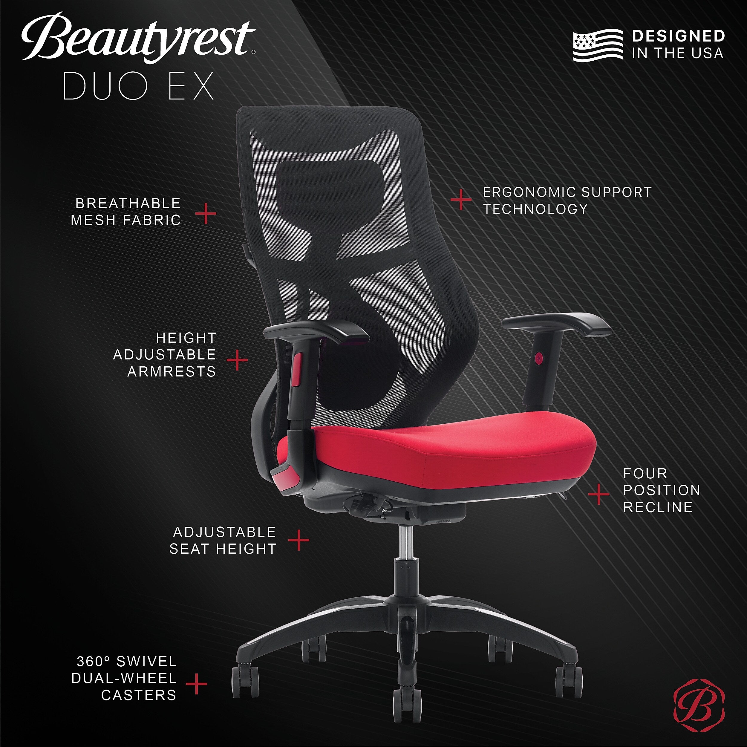 Beautyrest Duo-EX Ergonomic Mesh Swivel Computer Chair, Red (60051-RED)