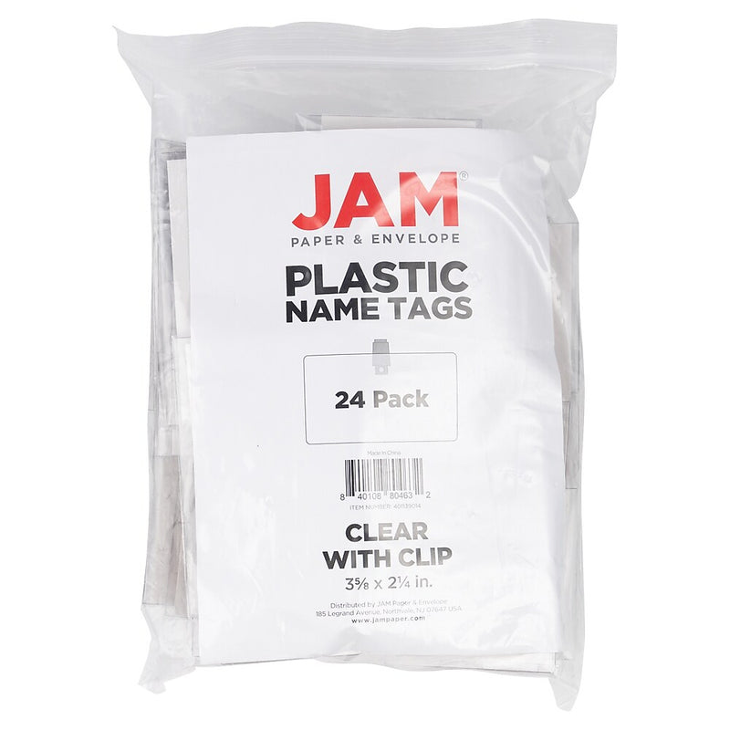 JAM PAPER Plastic Name Tags with Clamp Hook, 3 5/8" x 2 1/4", Clear, 24/Pack (401139014)