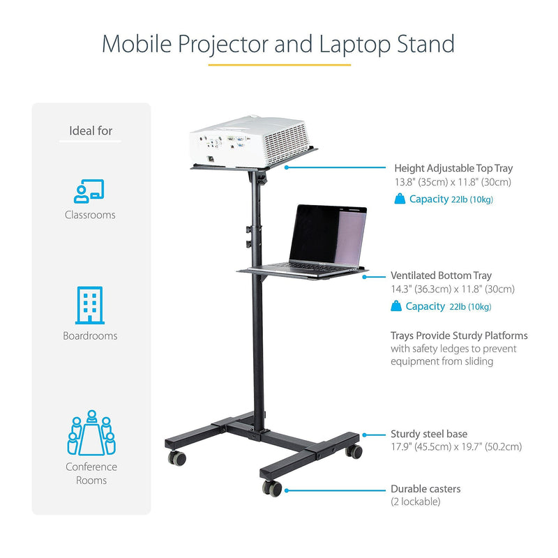 StarTech.com Mobile Projector and Laptop Stand/Cart with Lockable Wheels, Black (ADJPROJCART)