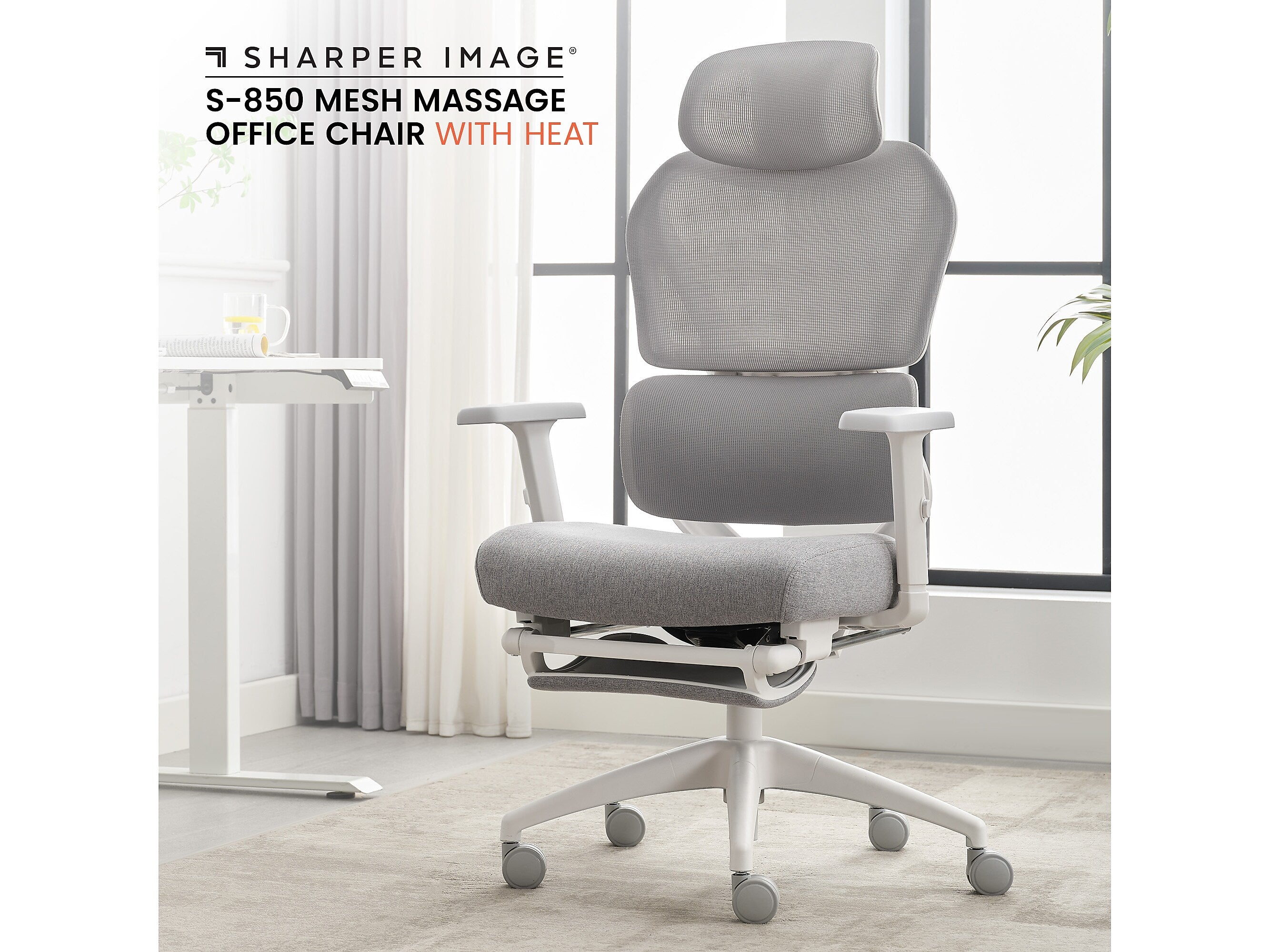 Sharper Image S-850 Heated Ergonomic Mesh Swivel Executive Massage Chair, Light Gray/White (60106-LGRYWHT)