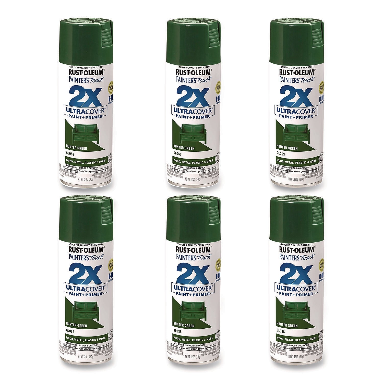 Rust-Oleum Painter's Touch 2X Ultra Cover Spray Paint, Hunter Green, 12 oz., 6/Carton (334034)