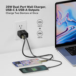 CODi 20W Dual Port Wall Charger, USB-C & USB-A Outputs, Black (A01102)