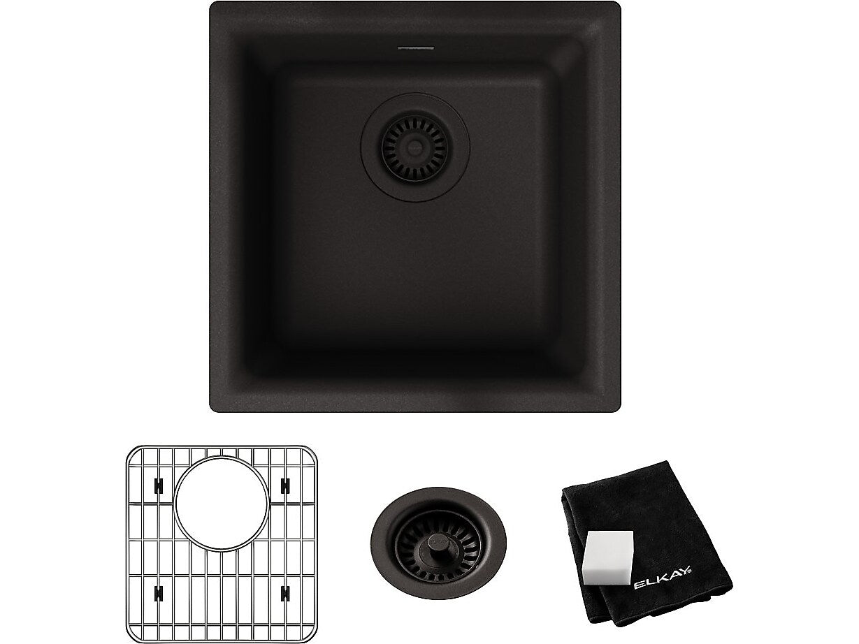 Elkay Quartz Classic Single-Bowl Drop In/Undermount Kitchen Sink, 15.75" x 15.75" x 7.69", Quartz, Black (ELG1616BK0C)