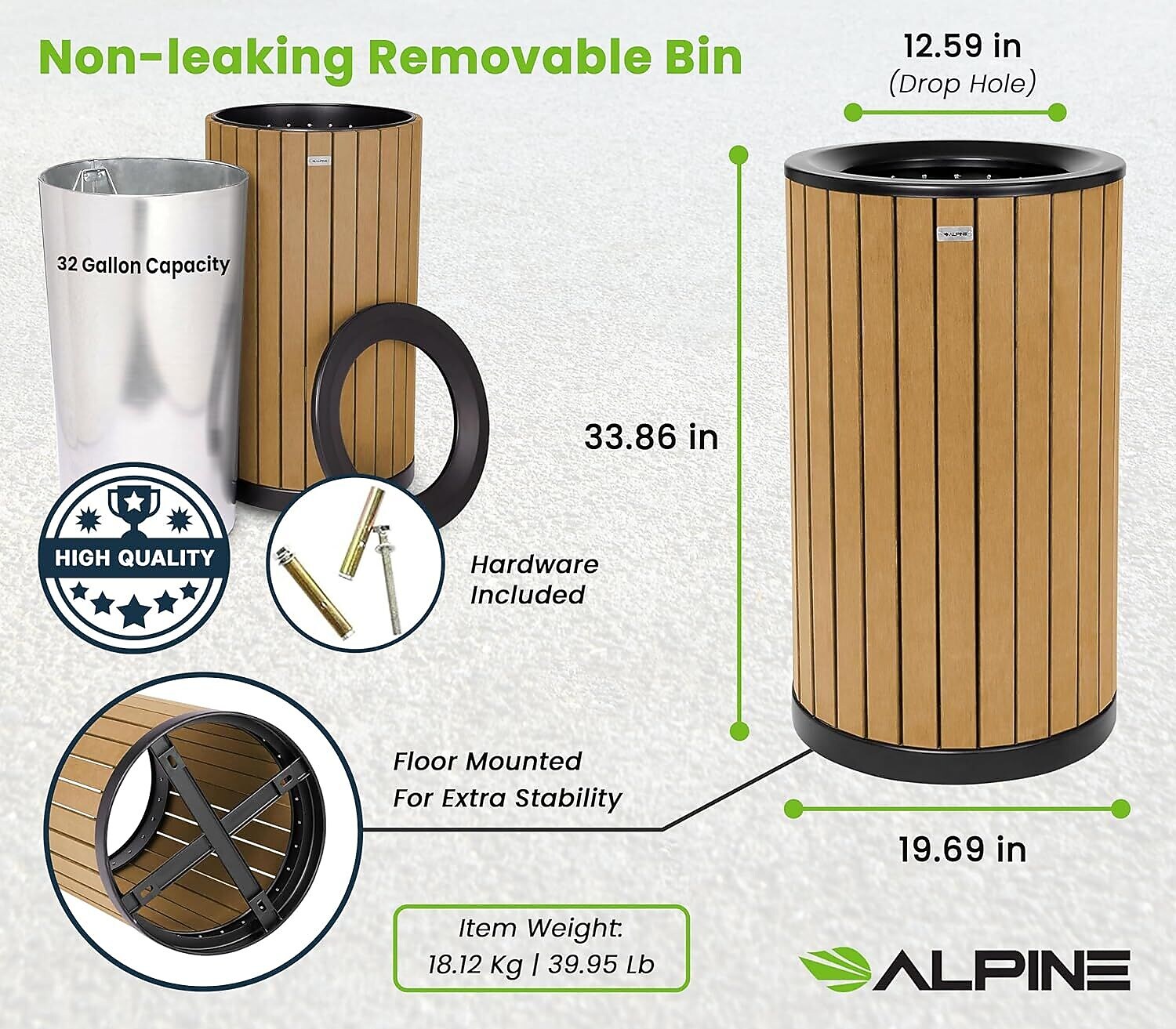Alpine Industries Steel Outdoor Trash Can with Open Lid, 32 Gallon, Cedar (ALP4400-01-CD)