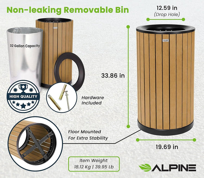 Alpine Industries Steel Outdoor Trash Can with Open Lid, 32 Gallon, Cedar (ALP4400-01-CD)