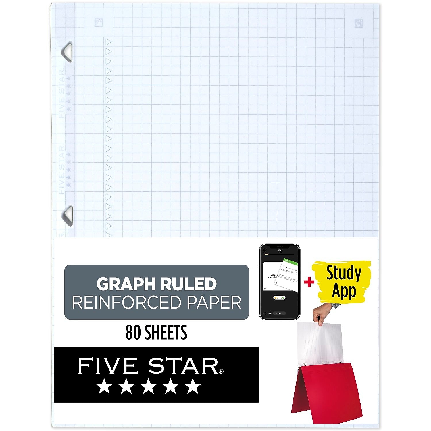 Five Star Reinforced Graph Paper, 8.5" x 11", 3-Hole Punched, 80 Sheets/Pack (170122/170036)