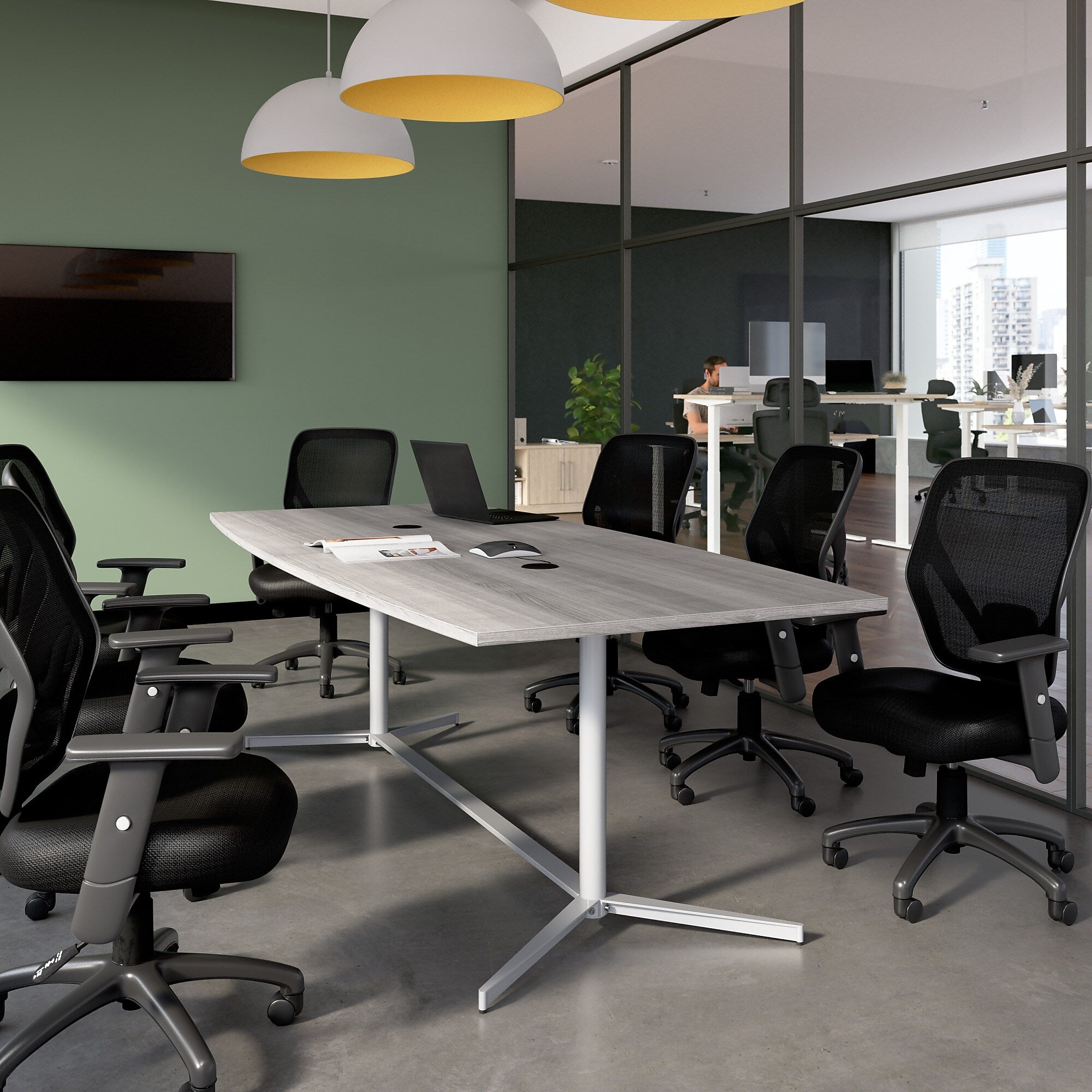 Bush Business Furniture 96W x 42D Boat Shaped Conference Table with Metal Base, Platinum Gray (99TBM96PGSVK)