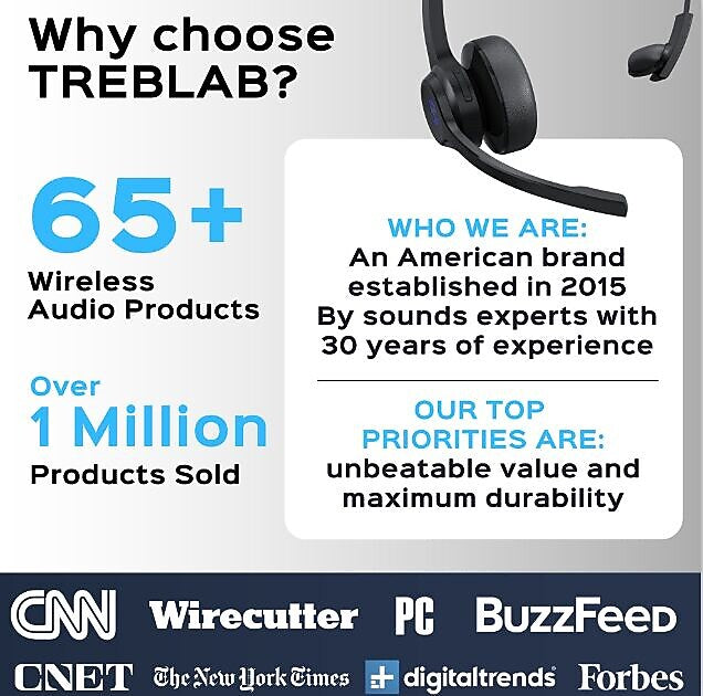 Treblab C7 Noise Canceling Bluetooth Stereo Computer Headset, Black