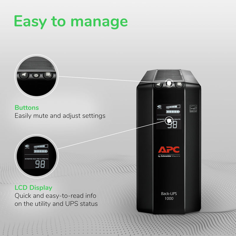 APC Back-UPS Pro Compact Tower AVR LCD 1000VA 8-Outlet UPS, Black (BX1000M)