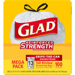 Glad Tall Kitchen Drawstring Trash Bags, 13 Gallon, White, Unscented, 100/Box (78374)