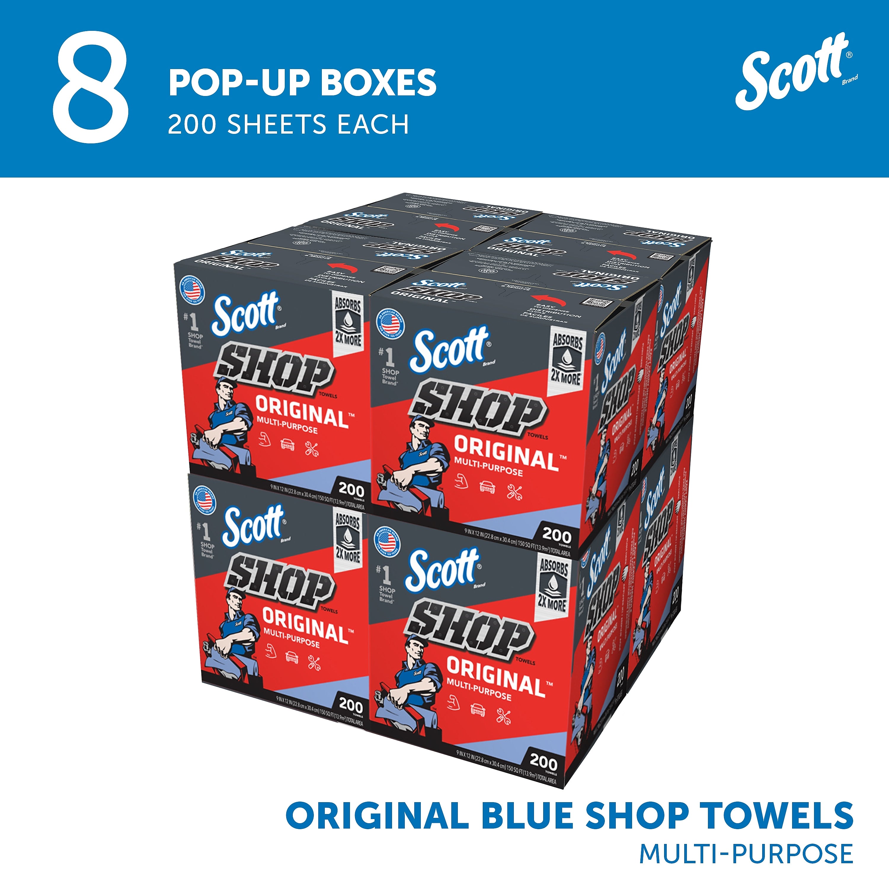 Scott Shop Towels Original, 9" x 12", Blue 200 Sheets/Box, 8 Boxes/Carton (75190)