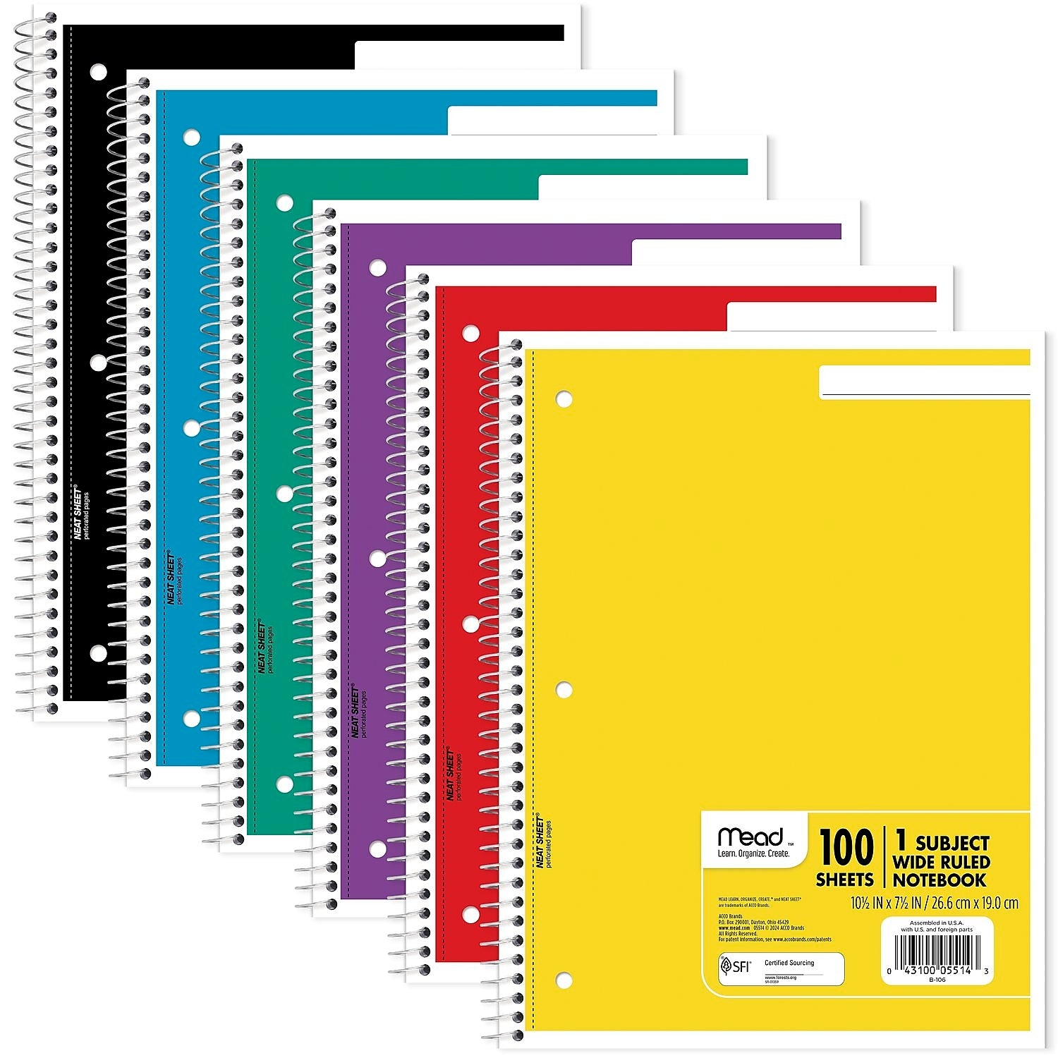 Mead Spiral 1-Subject Notebook, 8" x 10.5", Wide Ruled, 100 Sheets, Assorted Colors, Each (MEA05514)