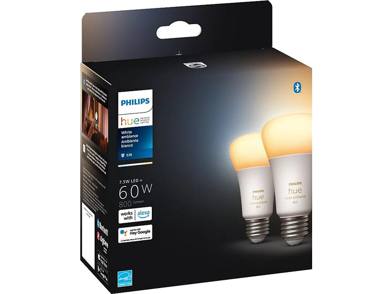 Philips Hue 60W Equivalent A19 LED Smart Light Bulb, Warm White, 2/Pack (548560)