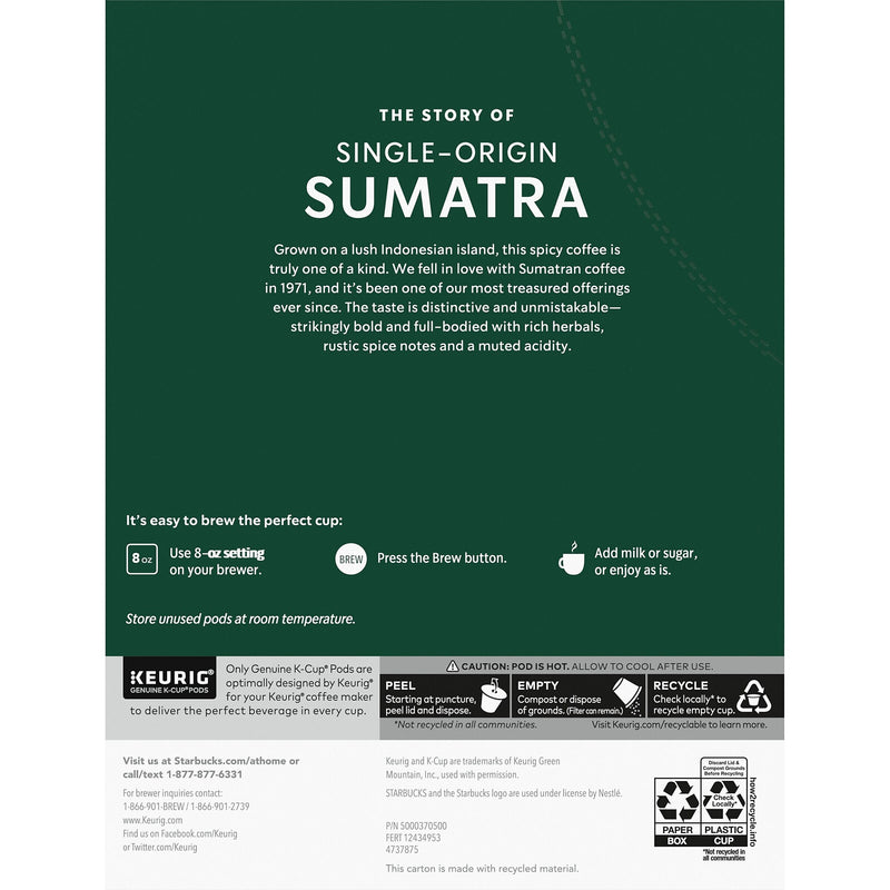 Starbucks Sumatra Coffee Keurig® K-Cup® Pods, Dark Roast, 96/Box (SBK22964CT)