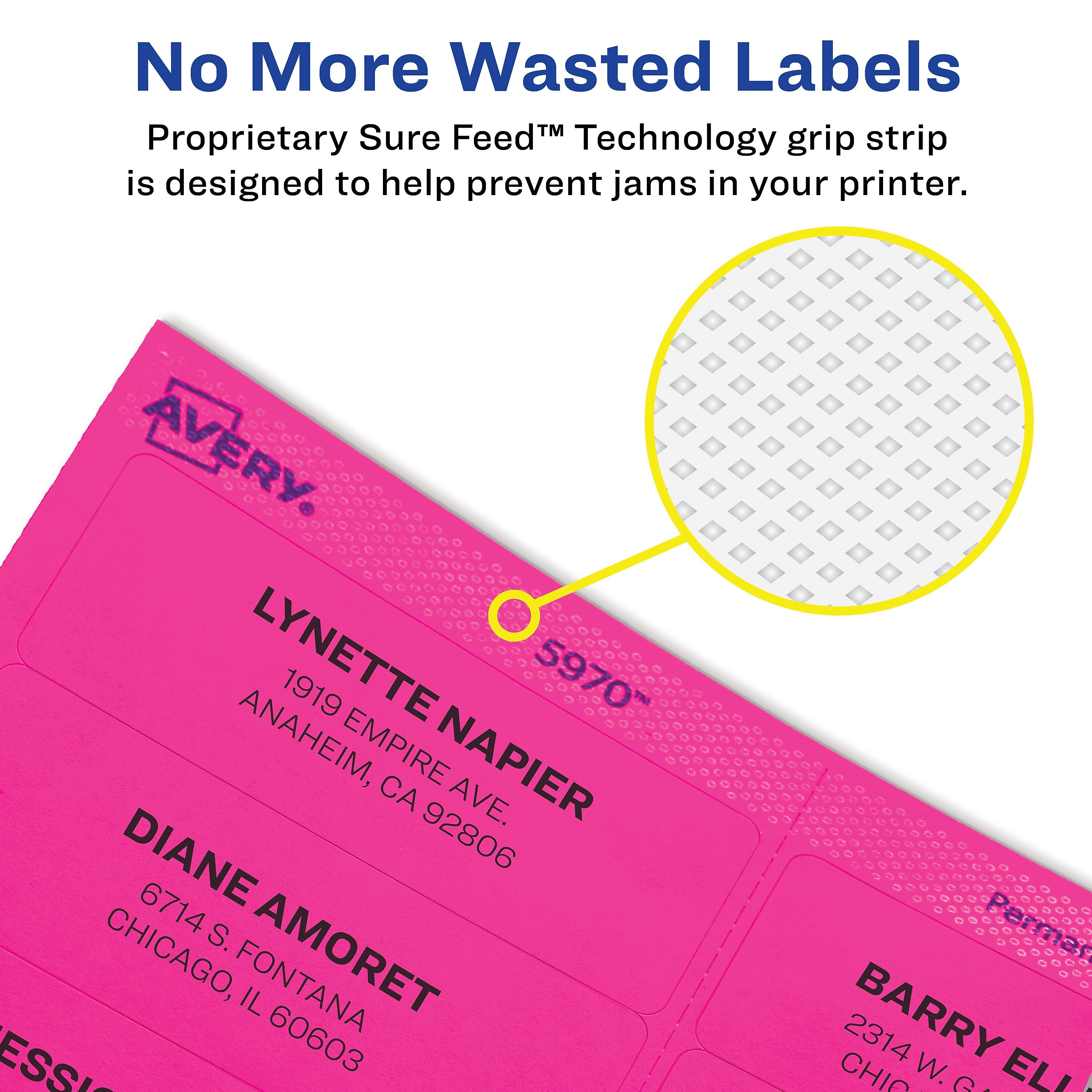 Avery Sure Feed Laser/Inkjet ID Labels, 3-1/3" x 4", Assorted Neon, 72 Labels/Pack (6482)