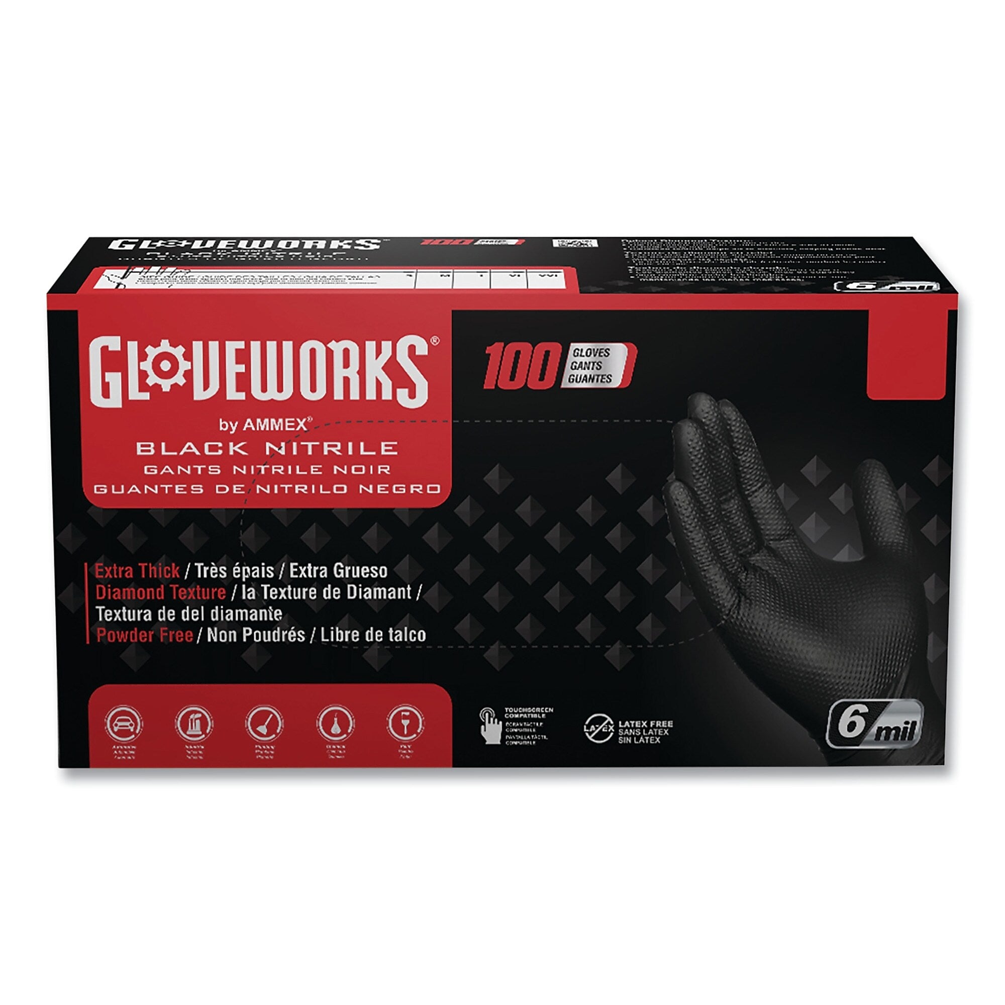 GloveWorks by AMMEX Heavy-Duty Industrial Nitrile Gloves, Powder-Free, 6 mil, XX-Large, Black, 100 Gloves/Box, 10 Boxes/Carton