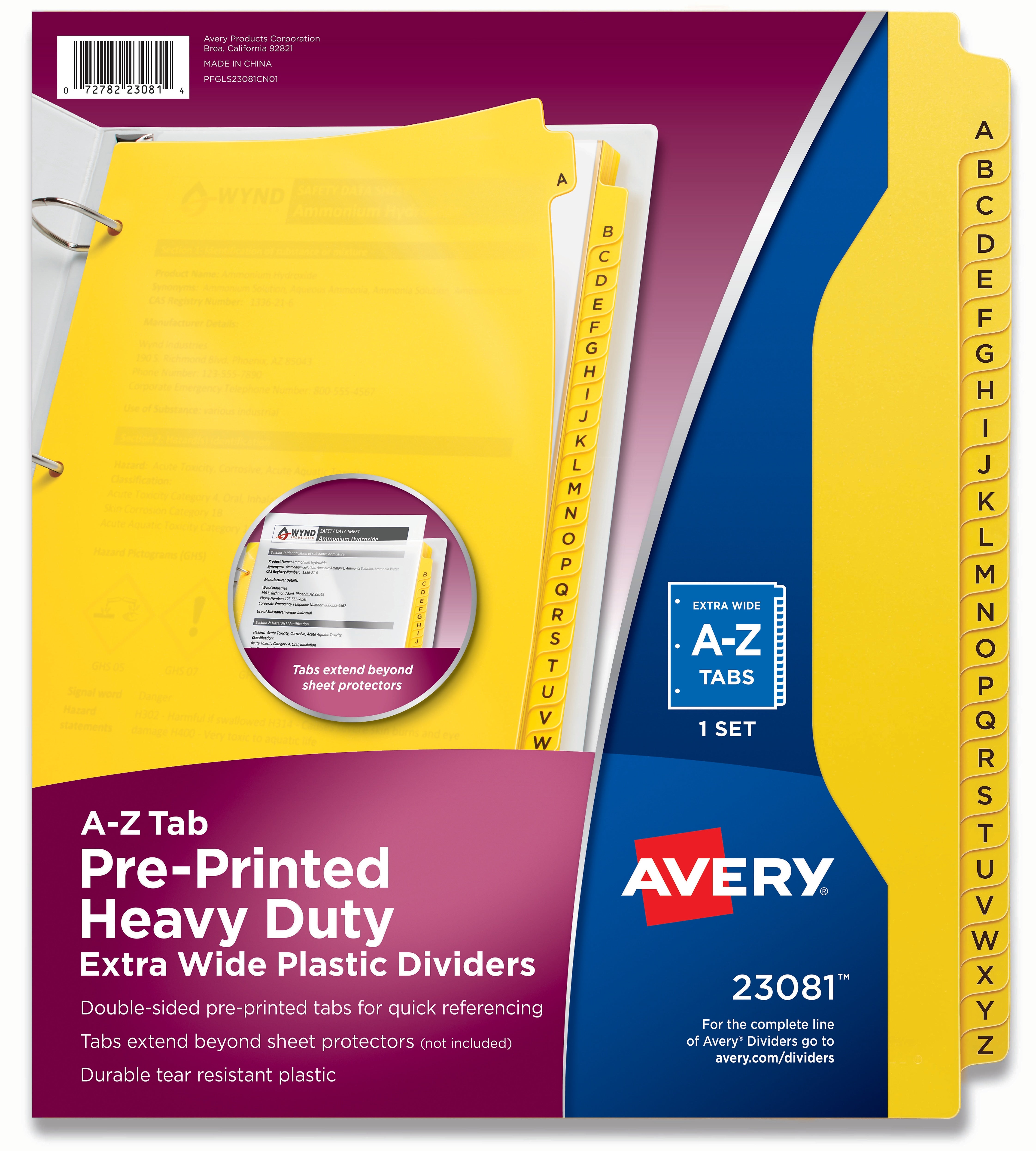 Avery Keep Safety Data Sheets, 26 x Divider, Printed Tab, Character, A-Z, 26 Tab/Set, Bright Yellow Plastic Tab, 1 Set