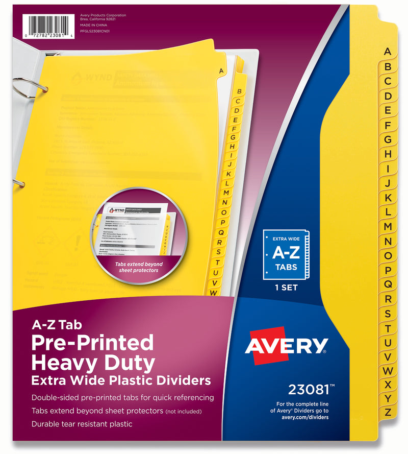 Avery Keep Safety Data Sheets, 26 x Divider, Printed Tab, Character, A-Z, 26 Tab/Set, Bright Yellow Plastic Tab, 1 Set