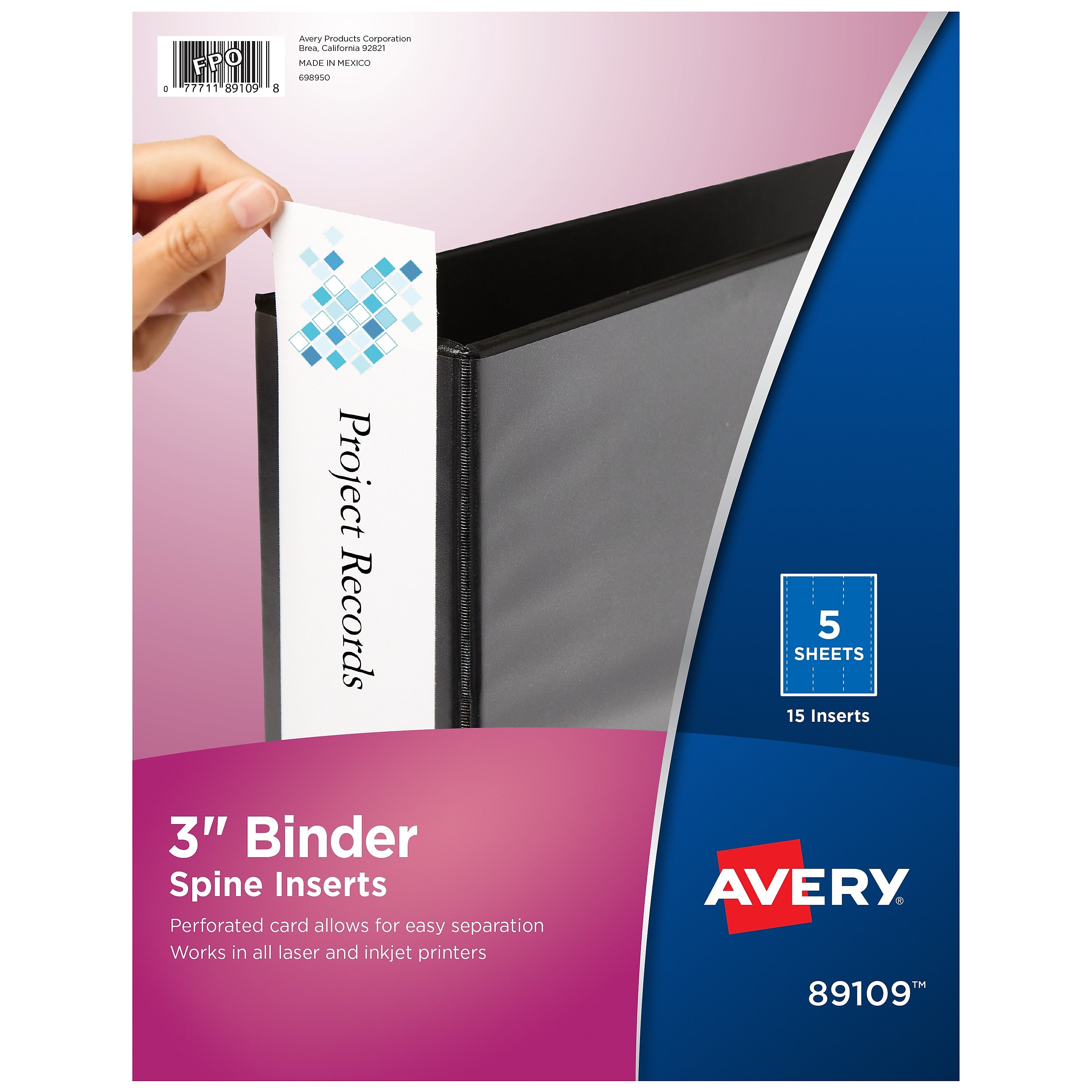 Avery Binder Spine Inserts, 3" Spine Width, White, 15/Pack (89109)