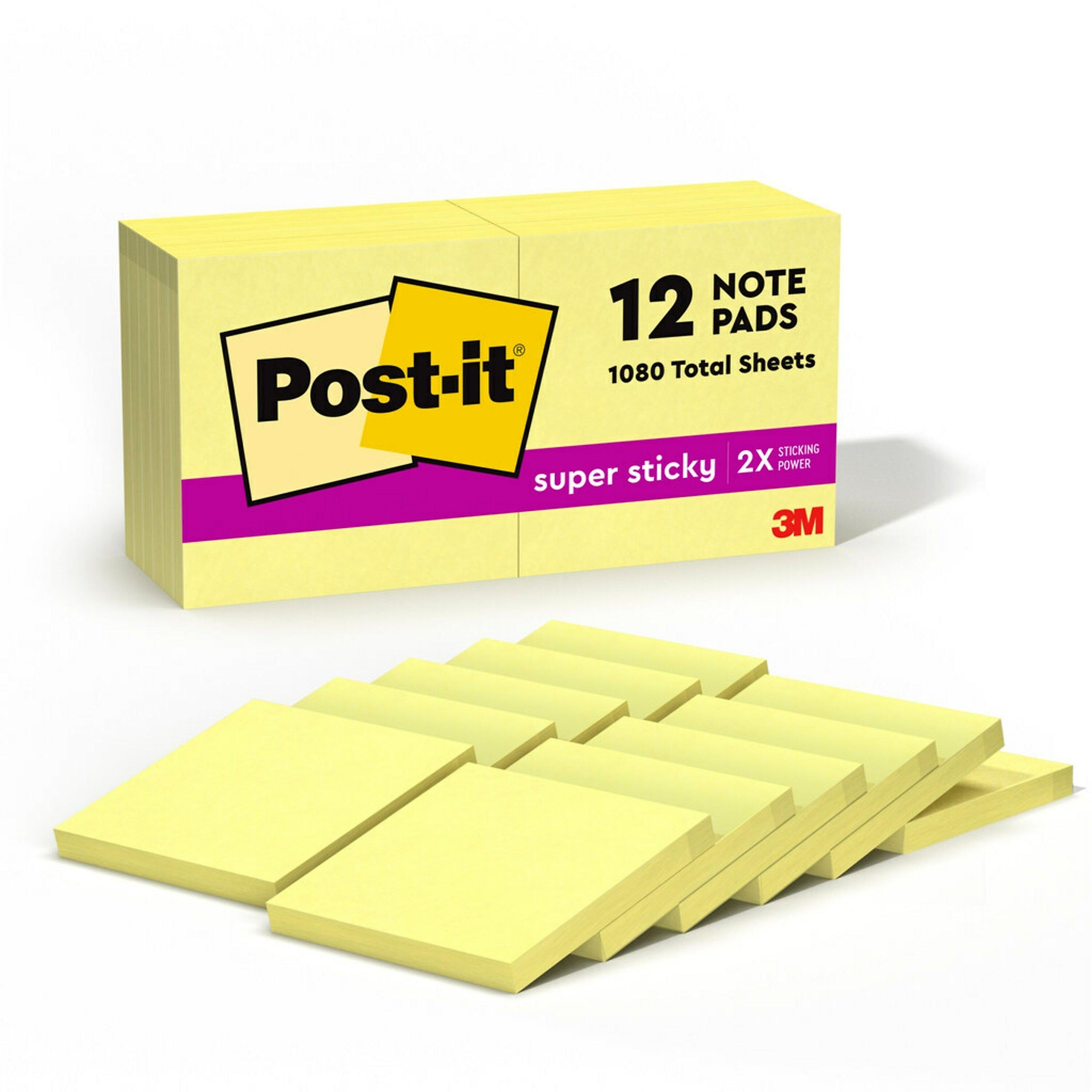 Post-it Super Sticky Notes, 3" x 3", Canary Collection, 90 Sheet/Pad, 12 Pads/Pack (65412SSCY)