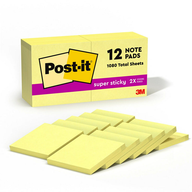 Post-it Super Sticky Notes, 3" x 3", Canary Collection, 90 Sheet/Pad, 12 Pads/Pack (65412SSCY)
