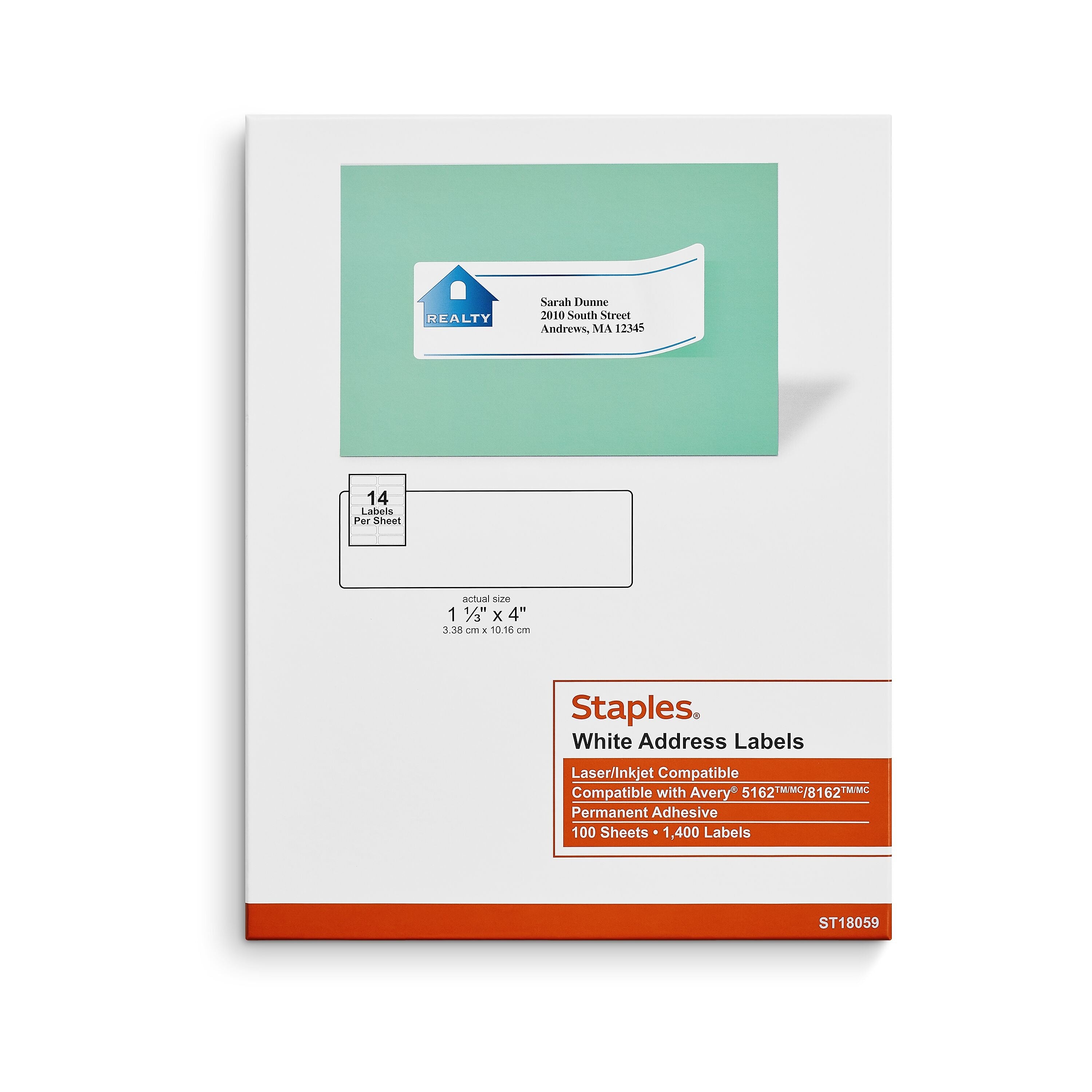 Staples Laser/Inkjet Address Labels, 1 1/3" x 4", White, 14 Labels/Sheet, 100 Sheets/Pack, 1400 Labels/Pack (ST18059-CC)