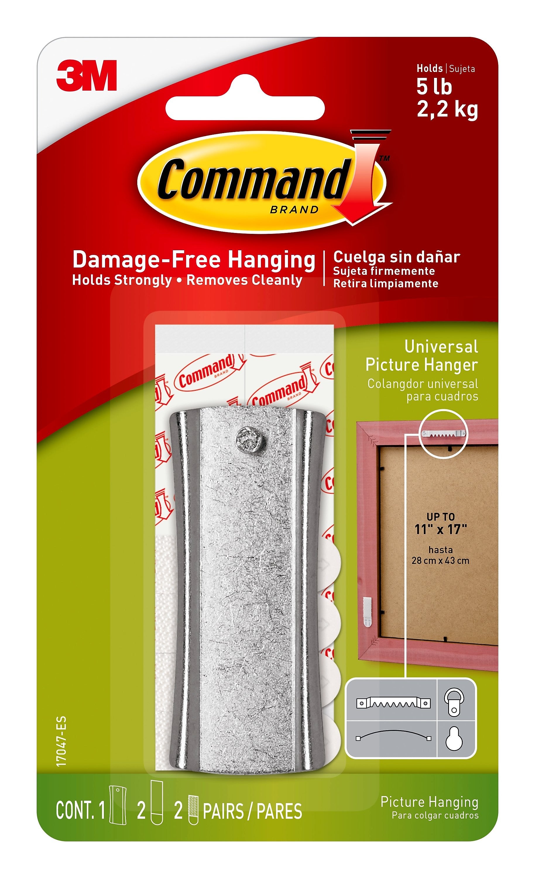 Command Large  Hanger w/ Stabilizer Strips, 5 lb., Silver (17047-ES)