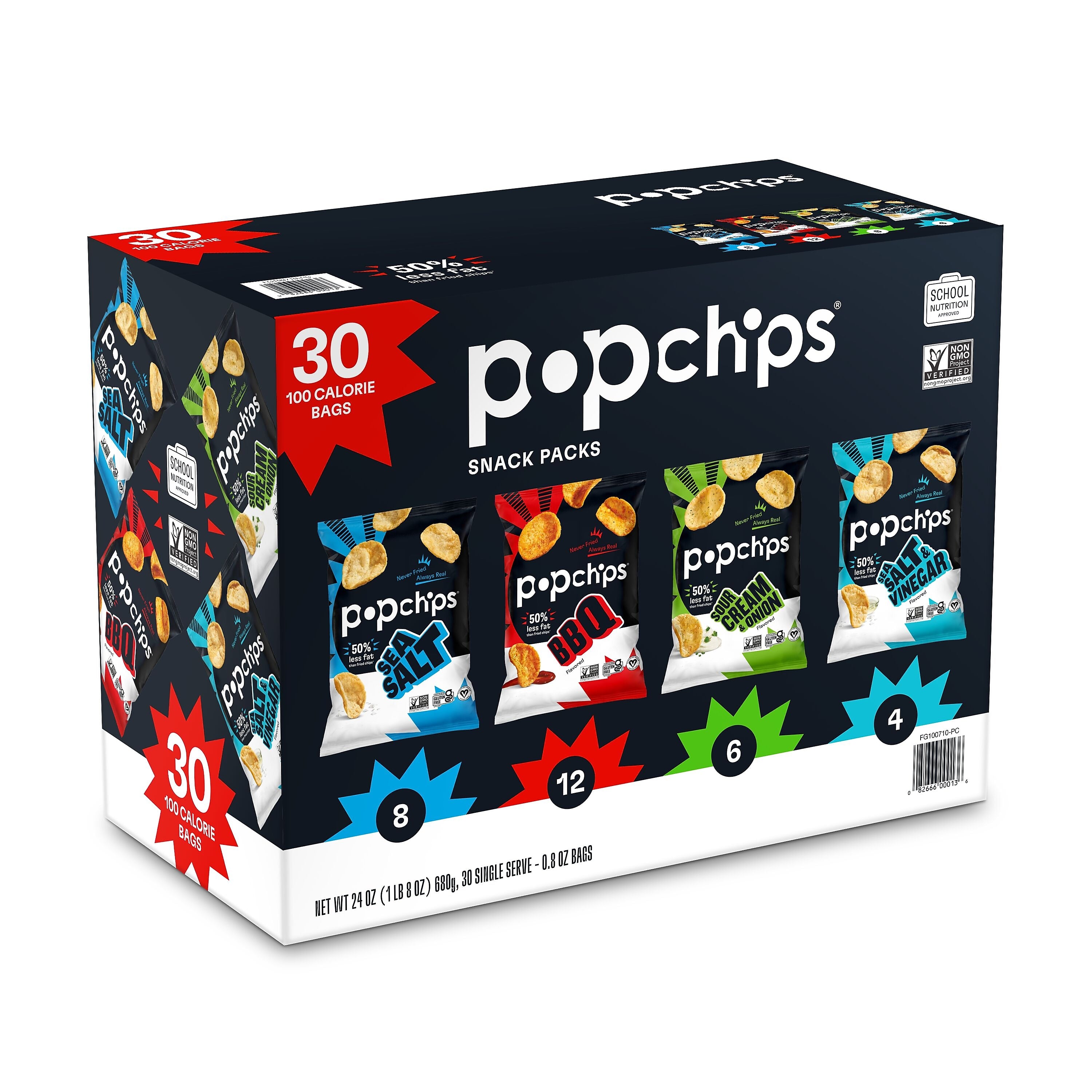 popchips Gluten Free Potato Chips Variety Pack, 24 oz., 30 Bags/Box (SMC94005)