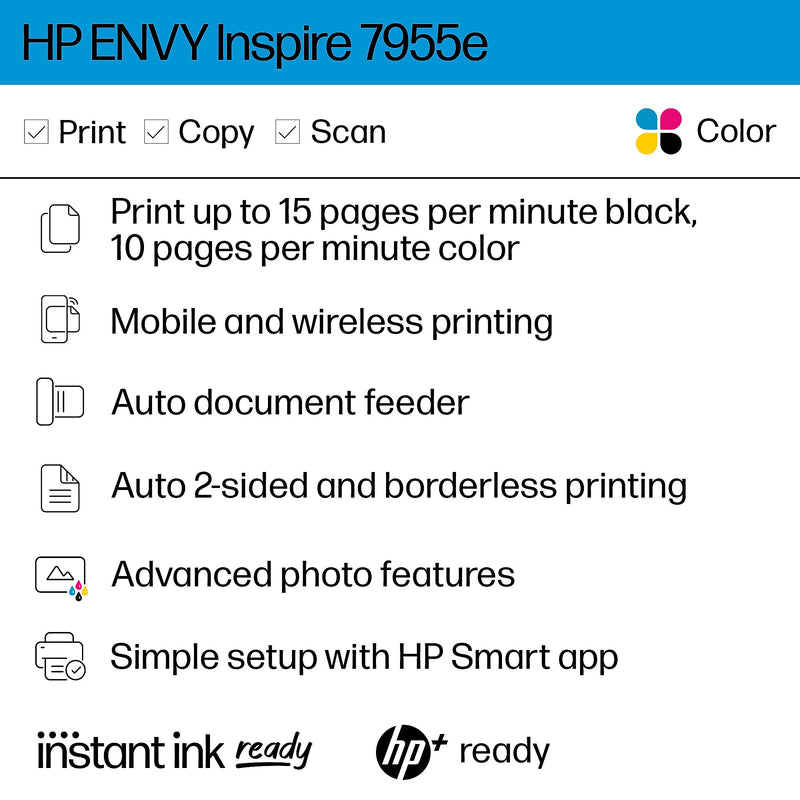 HP Envy Inspire 7955e Wireless Color All-In-One Inkjet Printer, Print, Scan, Copy, Best for Home, 3 Months FREE Ink with HP+