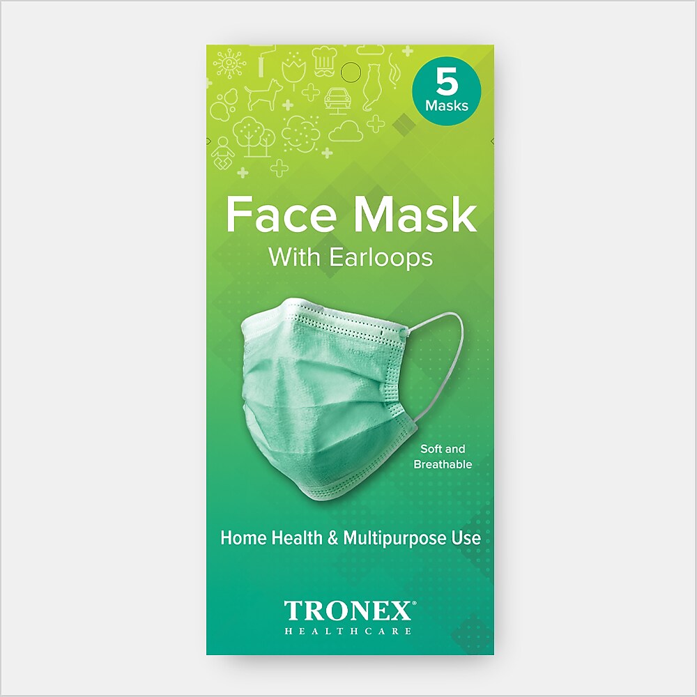 Tronex Disposable Face Mask with Earloops, Green, 5/Bag, 20 Bags/Box, 20 Boxes/Case (RP5085)