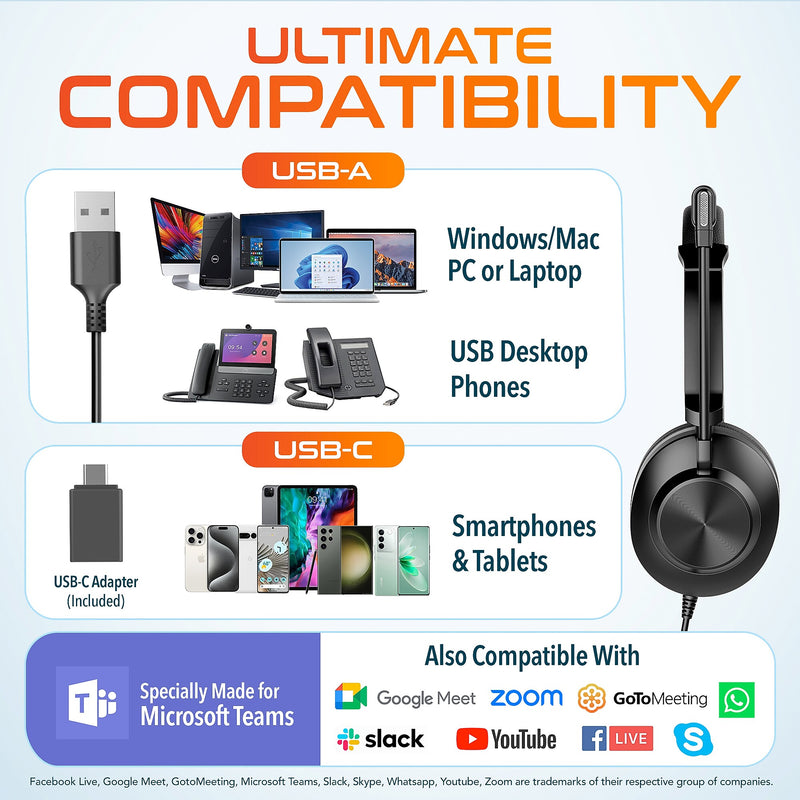 Delton 30Y MS Teams Noise-Canceling On-Ear Mono Computer Headset, USB Type-A & Type-C, Black (DWH30Y)