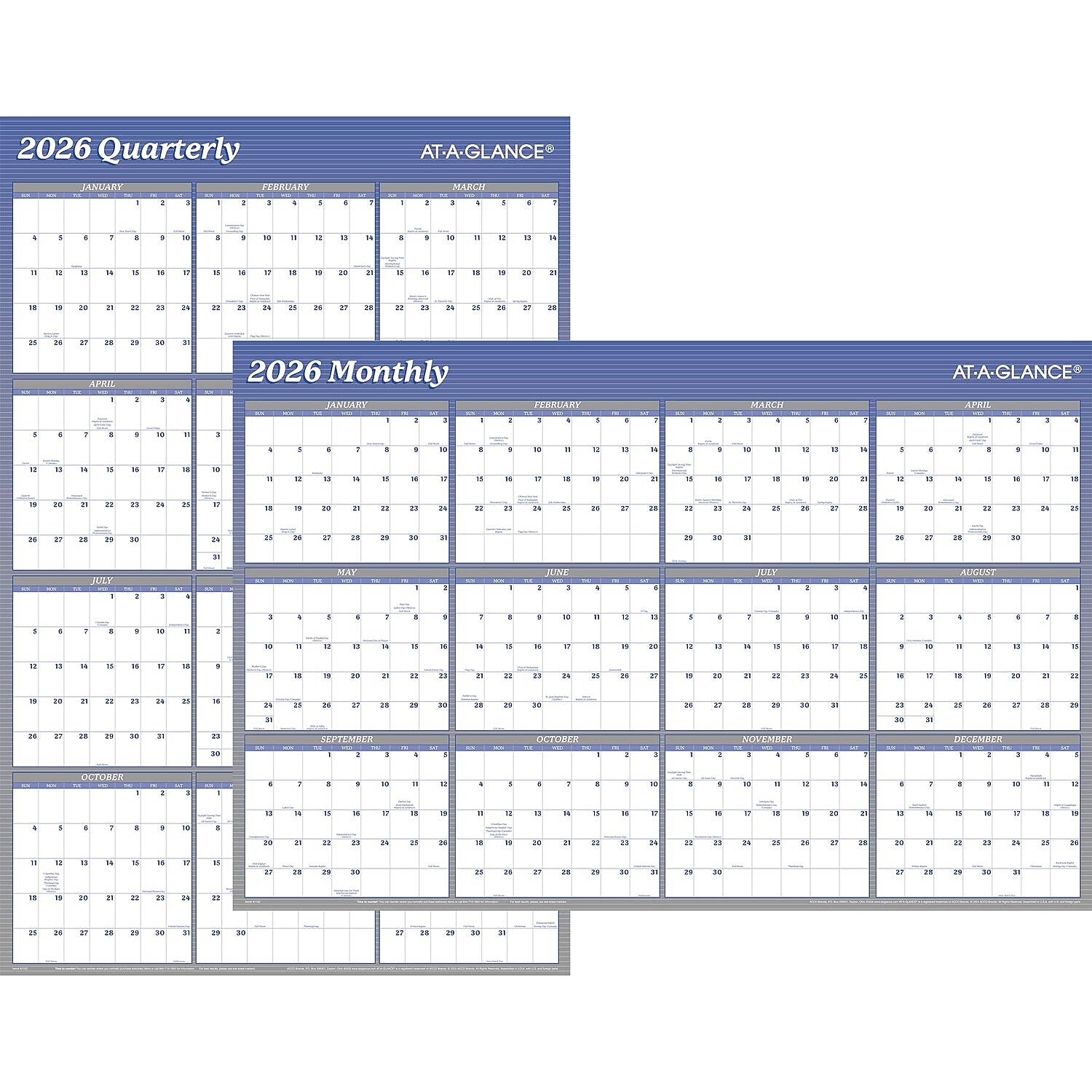 2026 AT-A-GLANCE 36" x 24" Yearly Dry-Erase Wall Calendar, Reversible, White/Blue (A1102-26)