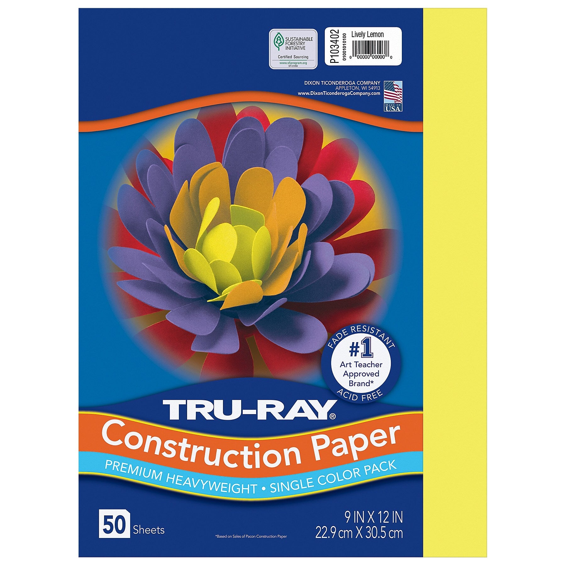 Tru-Ray 9" x 12" Construction Paper, Lively Lemon, 50 Sheets/Pack, 5 Packs/Bundle (PAC103402-5)