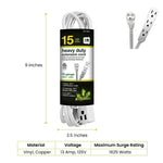 GoGreen Power 15' Extension Cord, 3-Outlet, 16 AWG, White (GG-19615)
