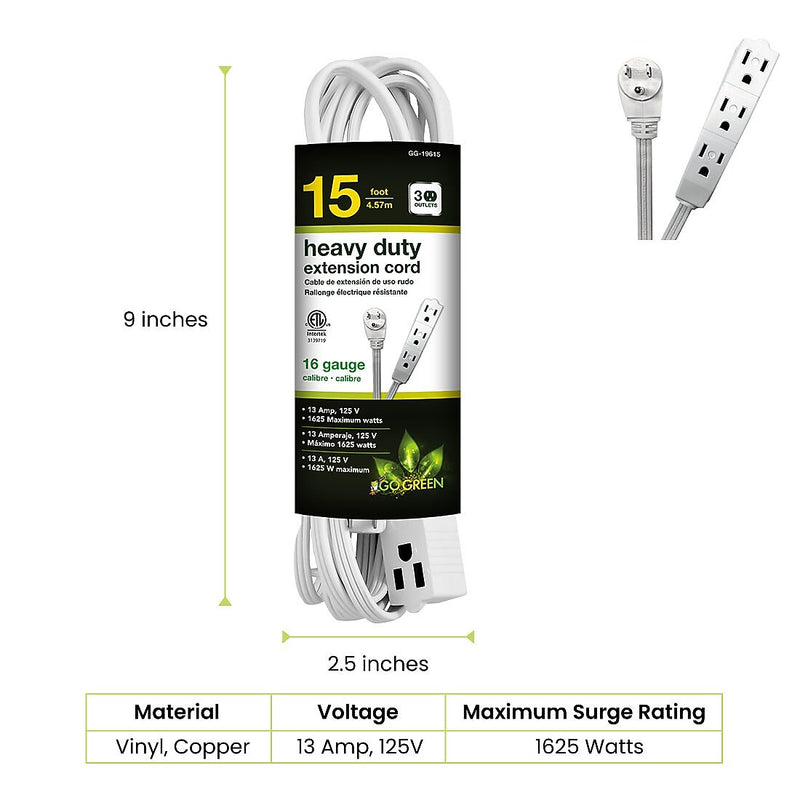 GoGreen Power 15' Extension Cord, 3-Outlet, 16 AWG, White (GG-19615)