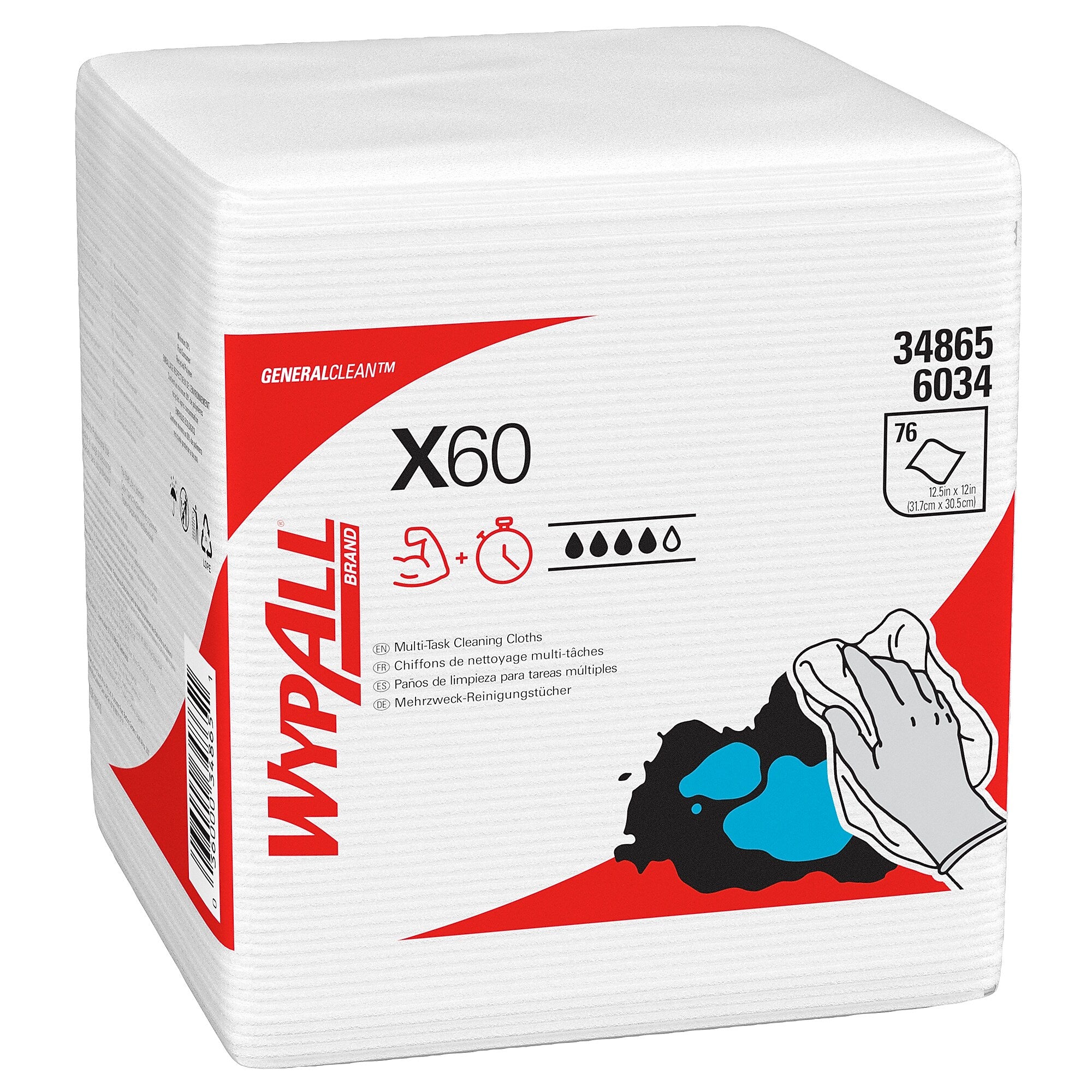 WypAll GeneralClean X60 Nylon Cleaning Wipers, 12" x 12.5", White, 76 Wipers/Box, 12/Carton (34865)