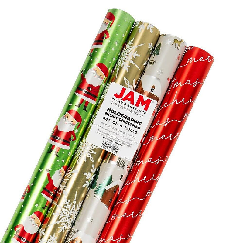 JAM Paper Christmas Wrapping Paper, 25 Sq. ft. x 30", Holographic Merry Christmas Set, 4/Pack (165H4MC)