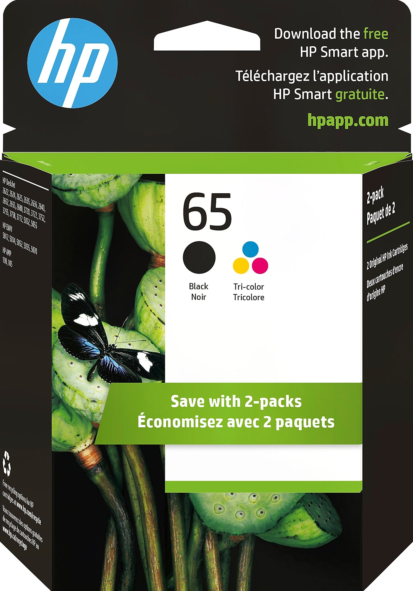 HP 65 Black/Tri-Color Standard Yield Ink Cartridge, 2/Pack (T0A36AN#140)