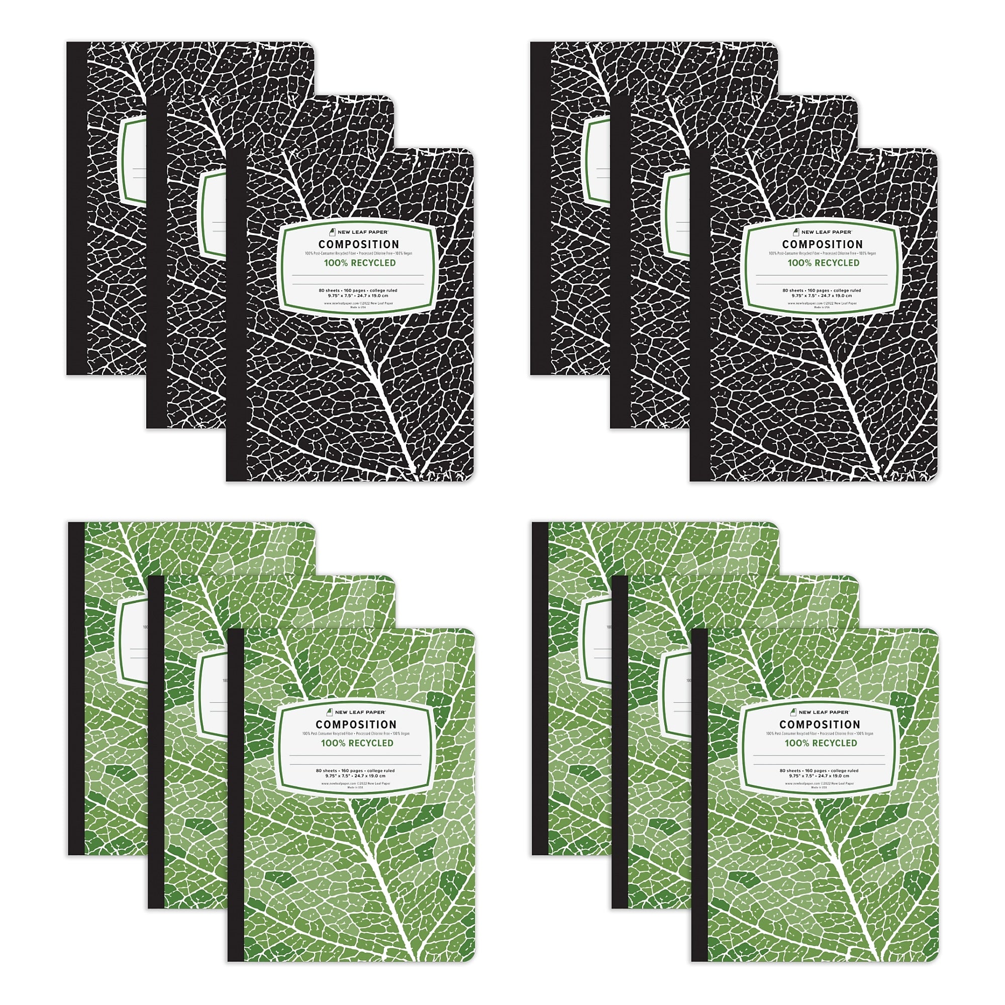 Roaring Spring New Leaf 1-Subject Composition Notebooks, 7.5" x 9.75", College Ruled, 80 Sheets, Assorted Colors, 12/Carton