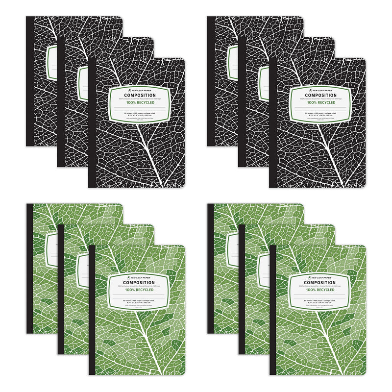 Roaring Spring New Leaf 1-Subject Composition Notebooks, 7.5" x 9.75", College Ruled, 80 Sheets, Assorted Colors, 12/Carton