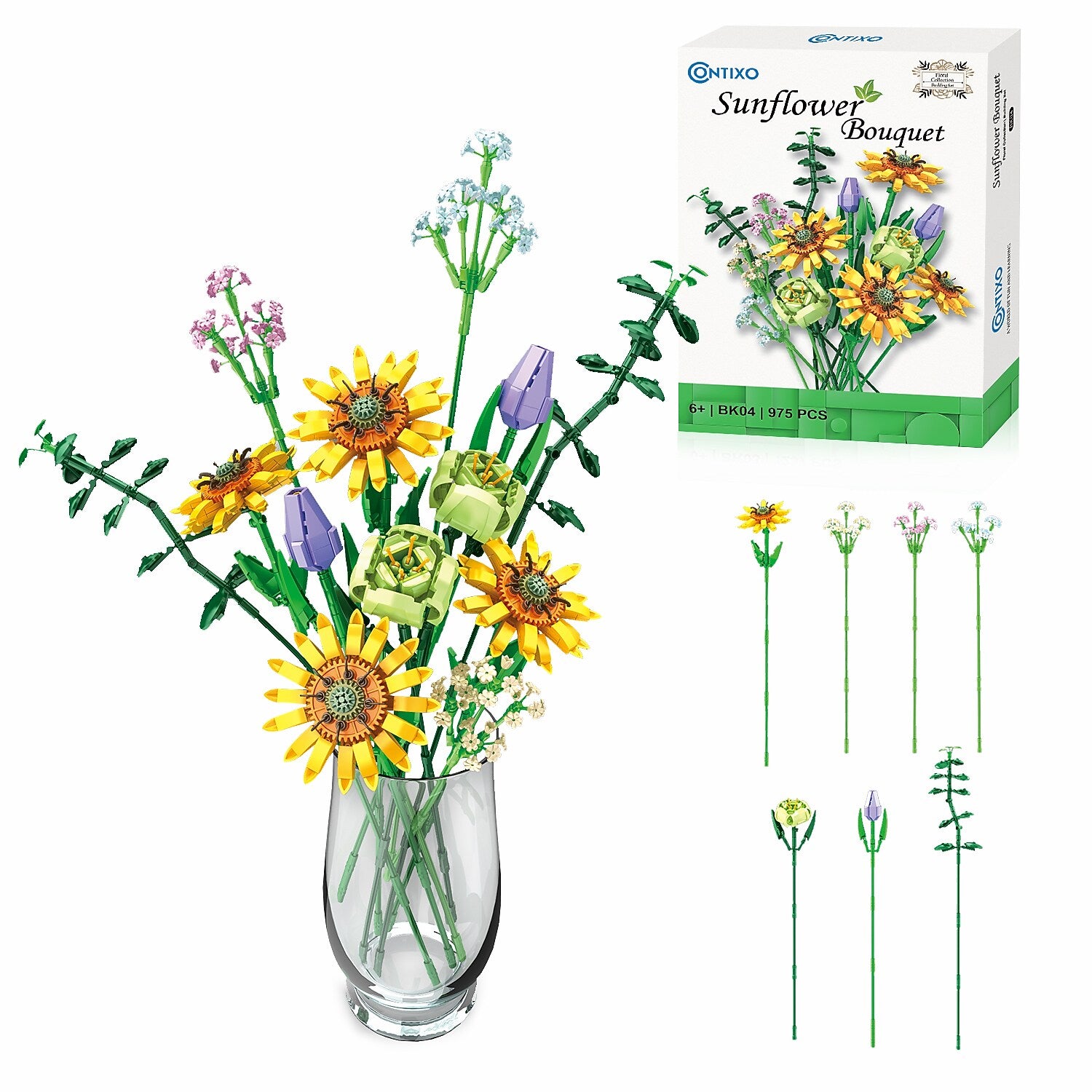 Contixo BK04 Sunflower Bouquet Flordal Collection Building Block Set, 975 Pieces (CNXBK04)
