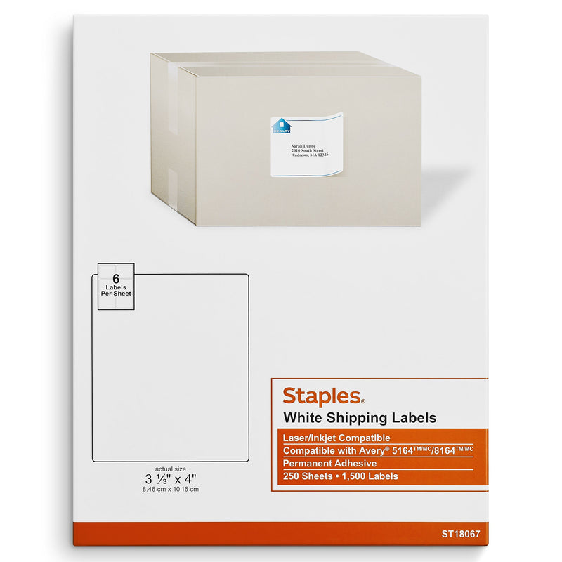 Staples Laser/Inkjet Shipping Labels, 3 1/3" x 4", White, 6 Labels/Sheet, 250 Sheets/Pack, 1500 Labels/Box (ST18067-CC)