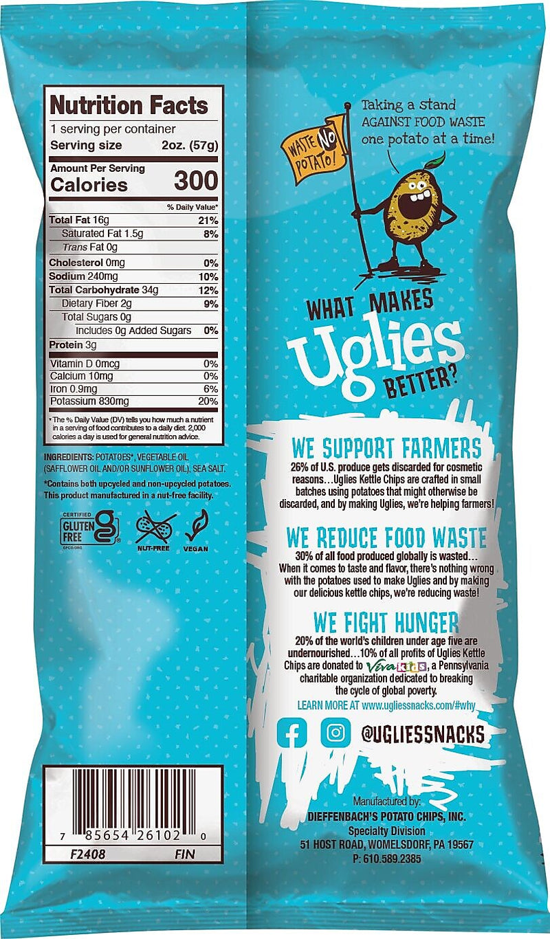 Uglies Gluten-Free Sea Salt Kettle Potato Chips, 2 oz., 24 Bags/Carton (26102)