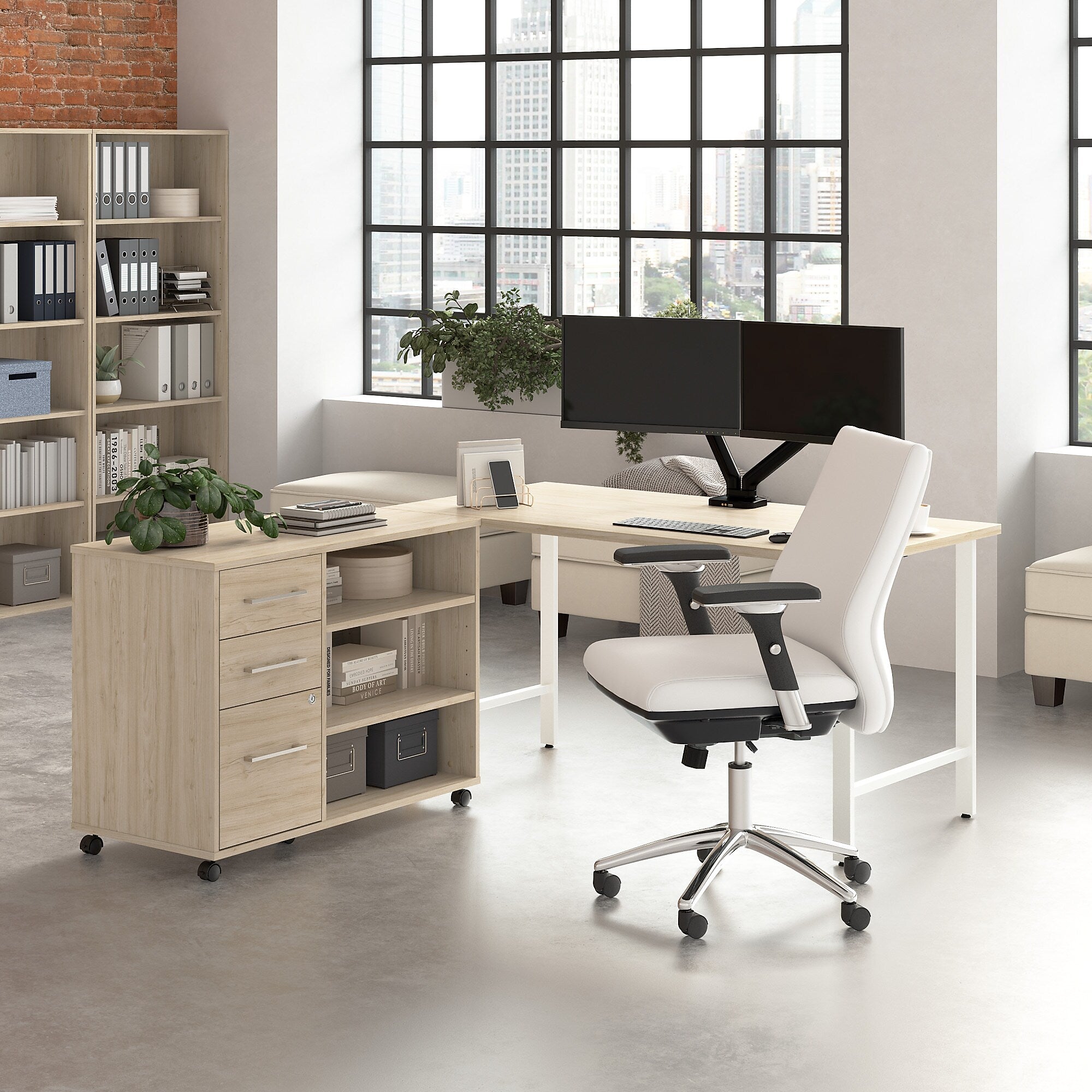 Bush Business Furniture Hustle 60"W Computer Desk and Storage Cabinet with Drawers and Shelves, Natural Elm (HUS009NE)