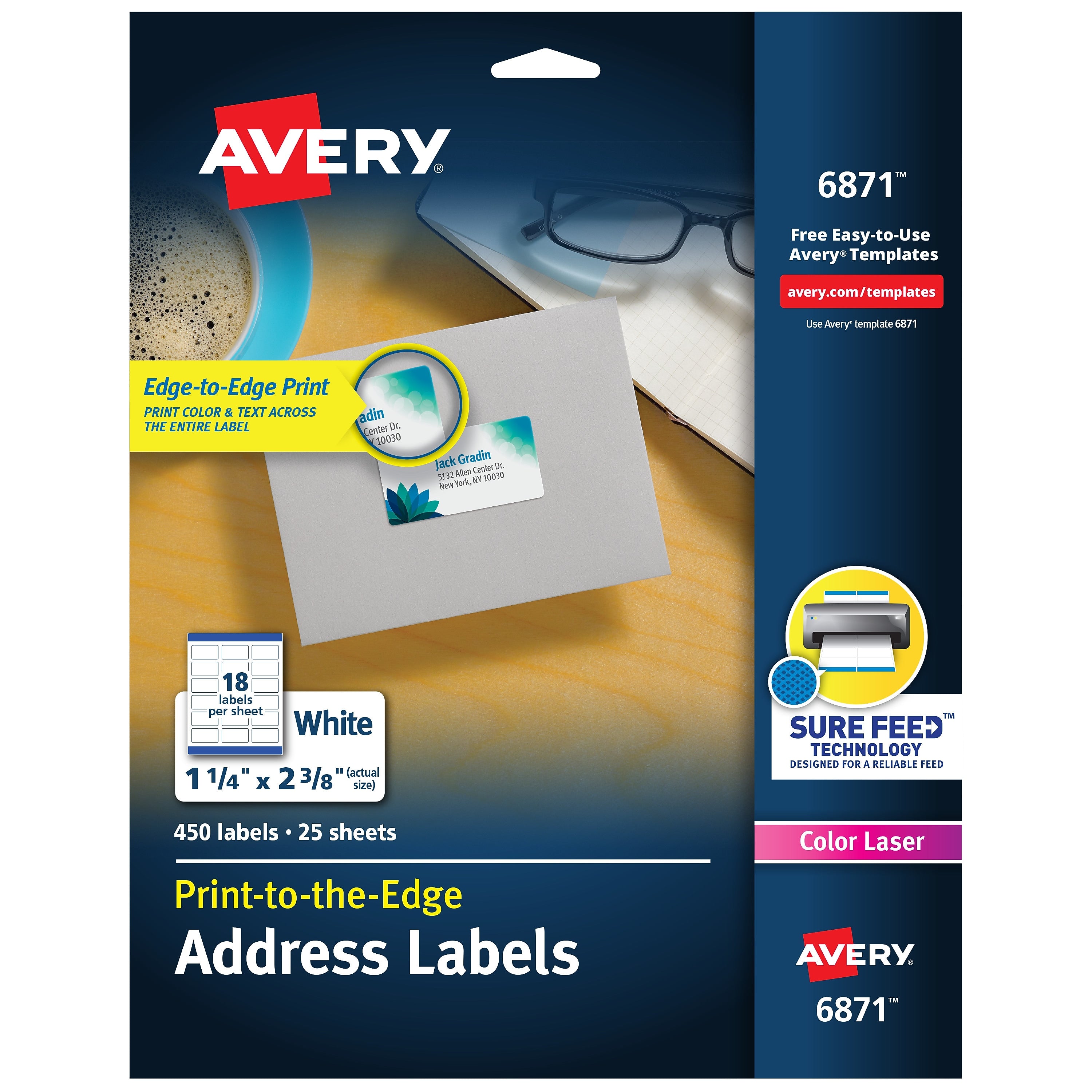 Avery Print-to-the-Edge Laser Address Labels, 1-1/4" x 2-3/8", White, 450 Labels/Pack (6871)