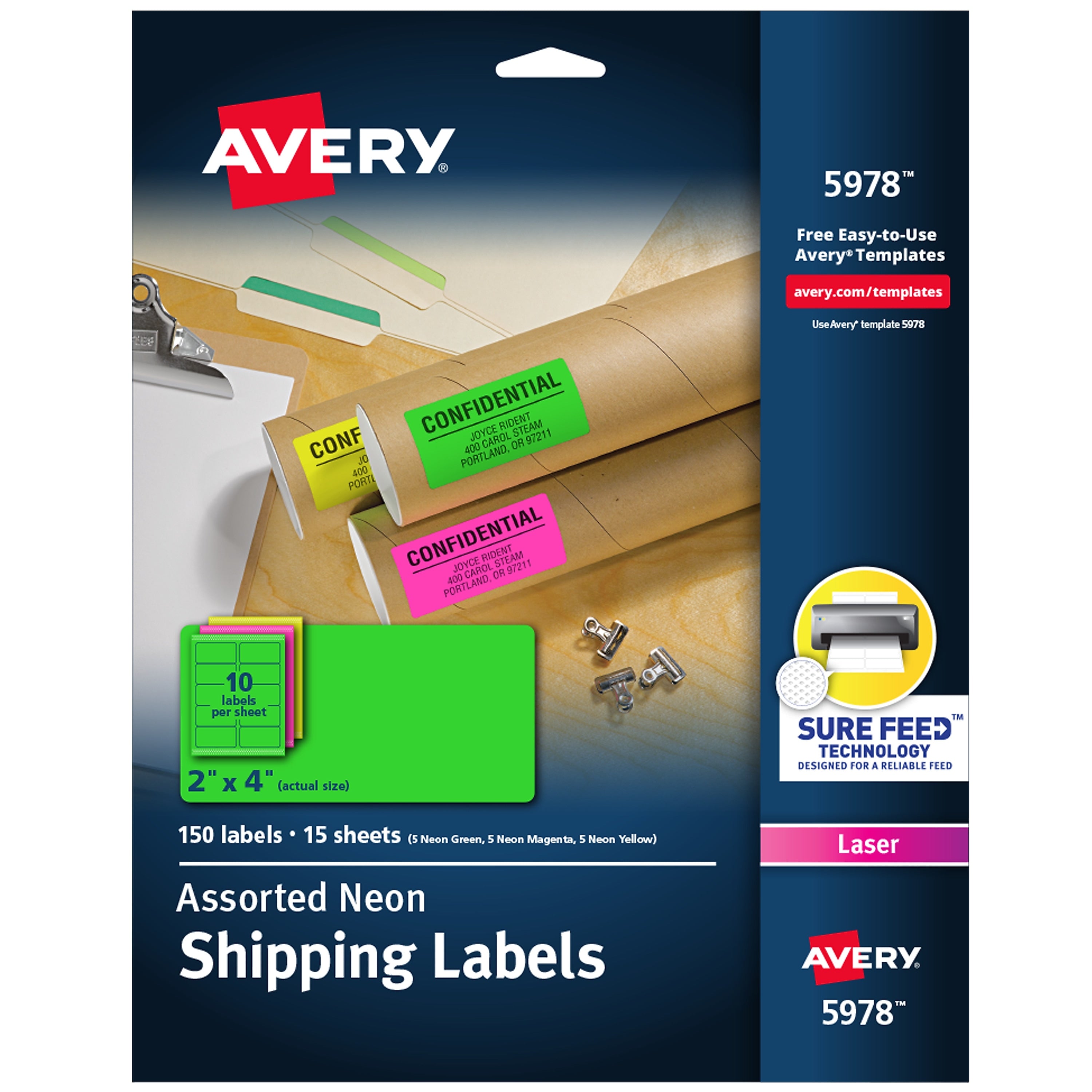 Avery Sure Feed Laser Shipping Labels, 2" x 4", Assorted Neon: Green, Pink, Yellow, 150 Labels/Pack (5978)